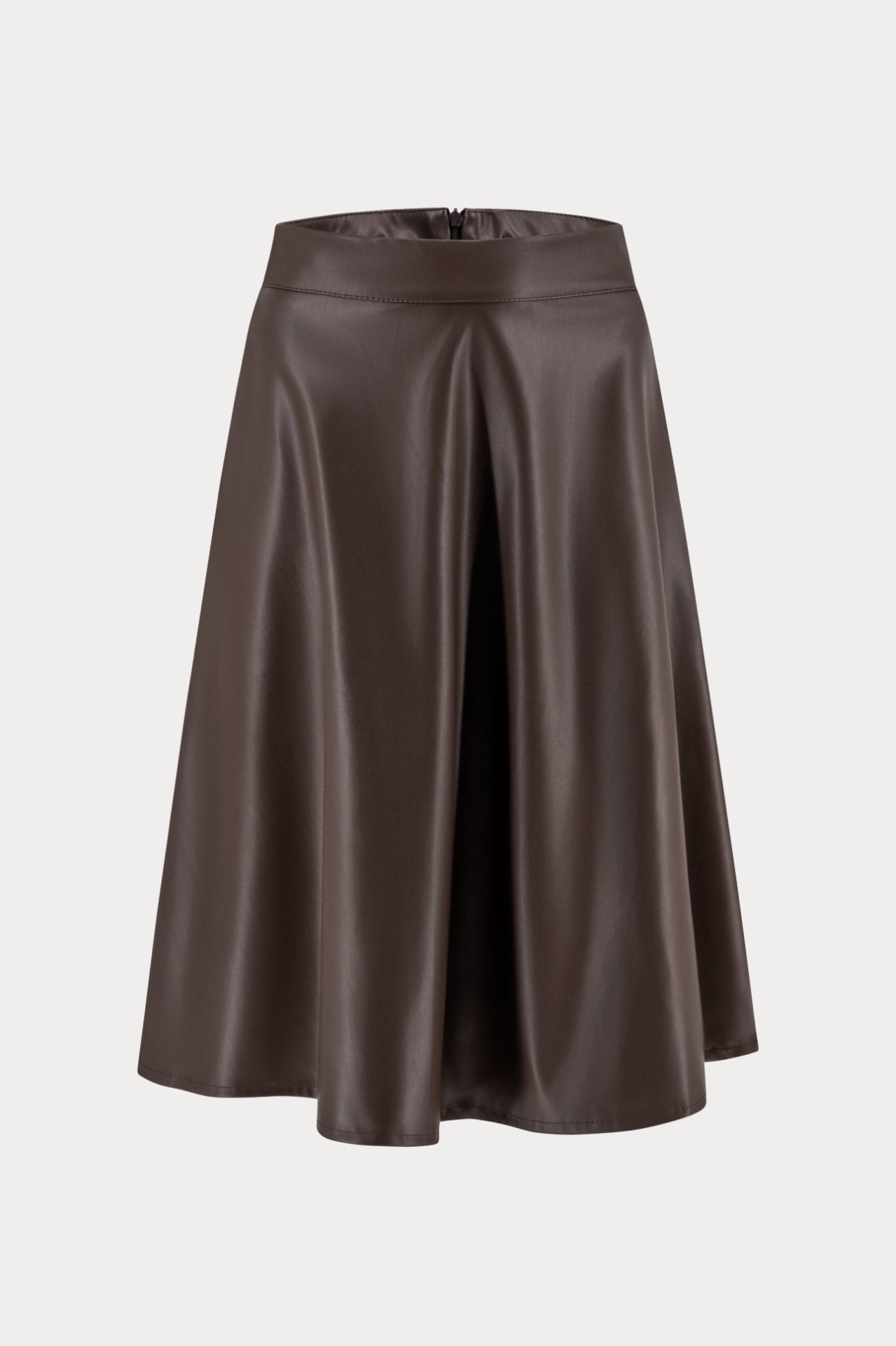 Donkerbruine imitatieleren uitlopende rok met zakken-MyEssentials