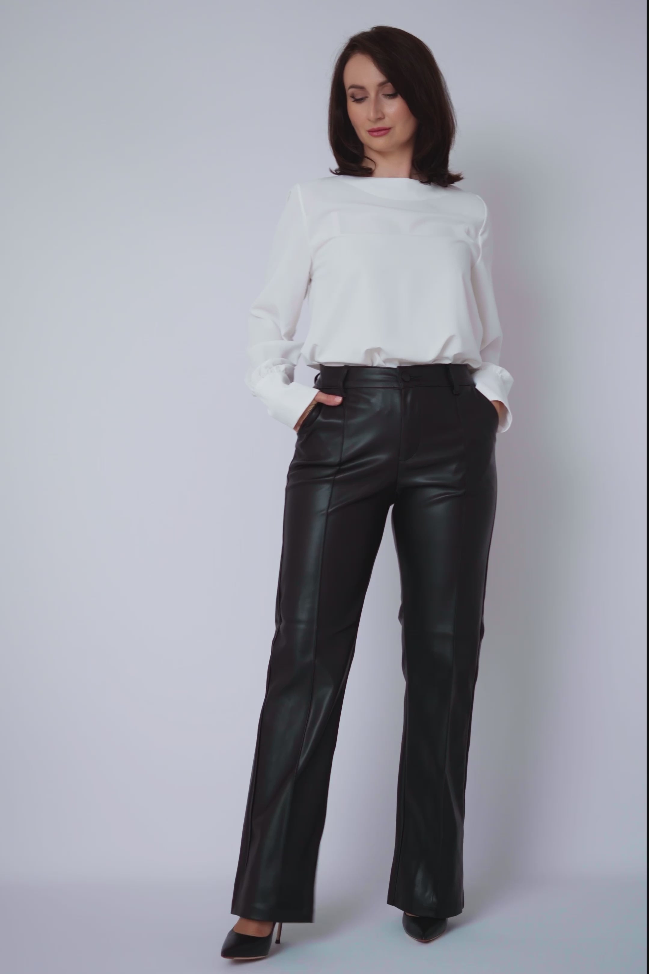 Black PU leather trousers with front seam