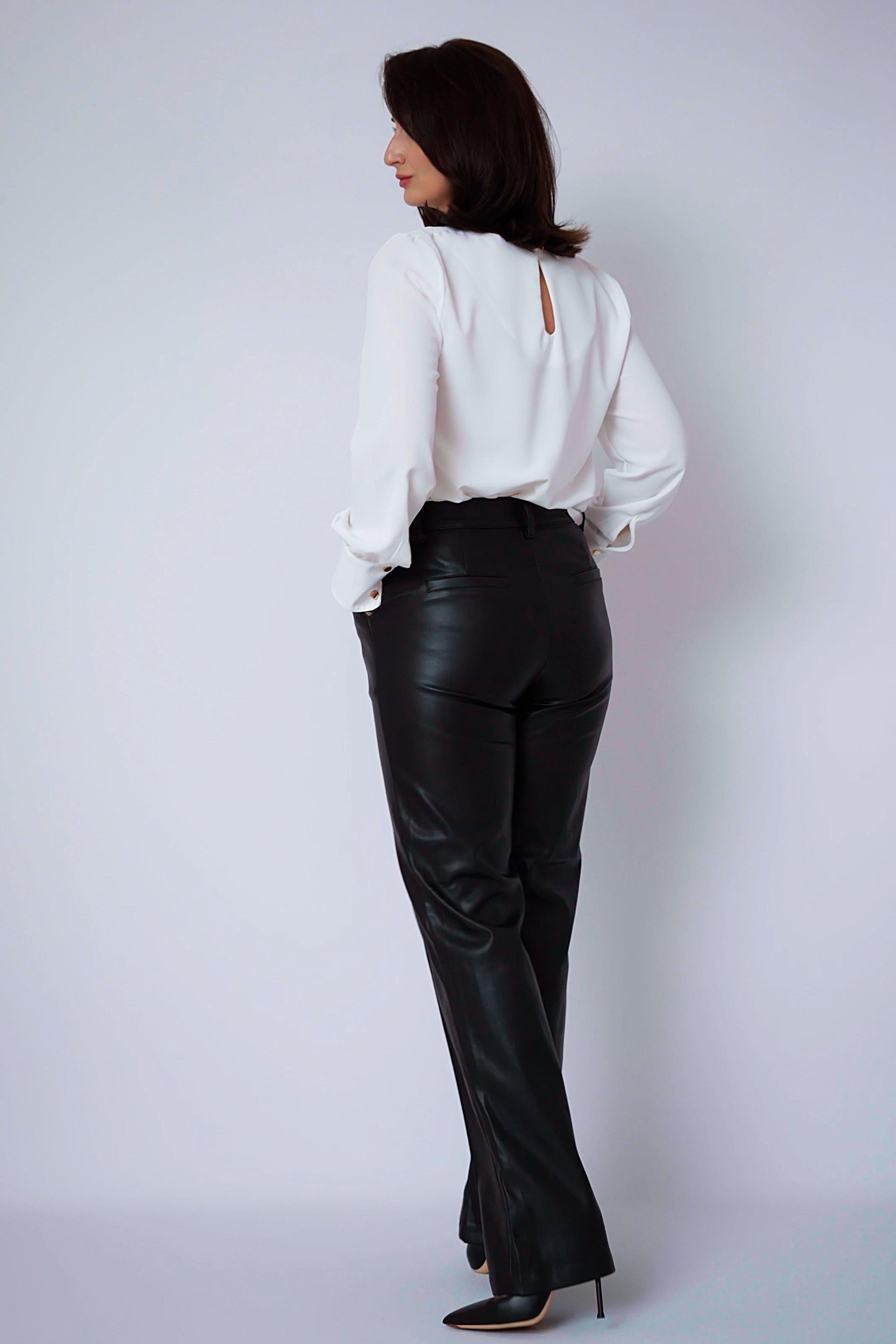 Zwarte broek in imitatieleer met naad vooraan-MyEssentials