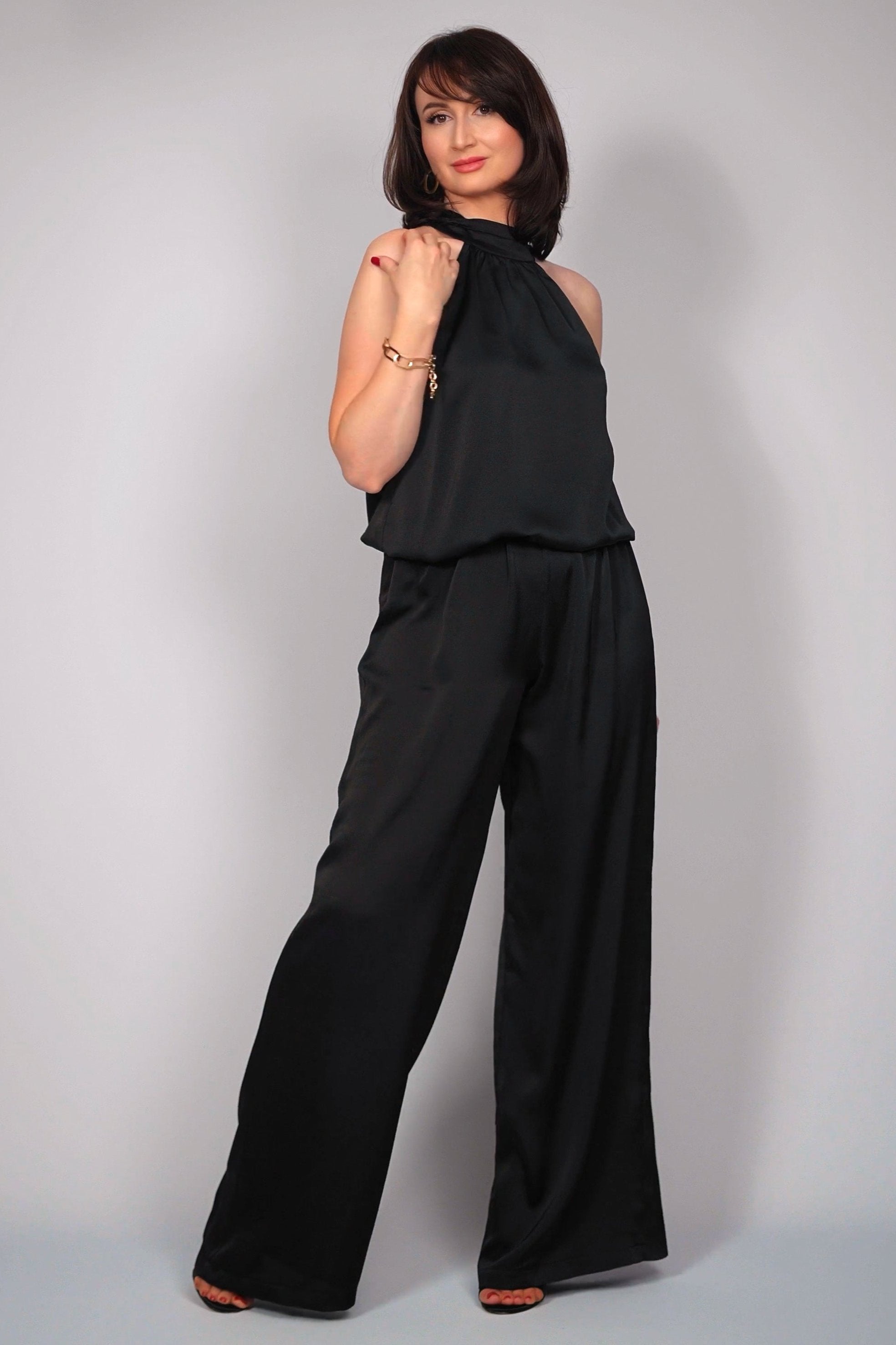 Zwarte satijnen 2-delige jumpsuit-MyEssentials