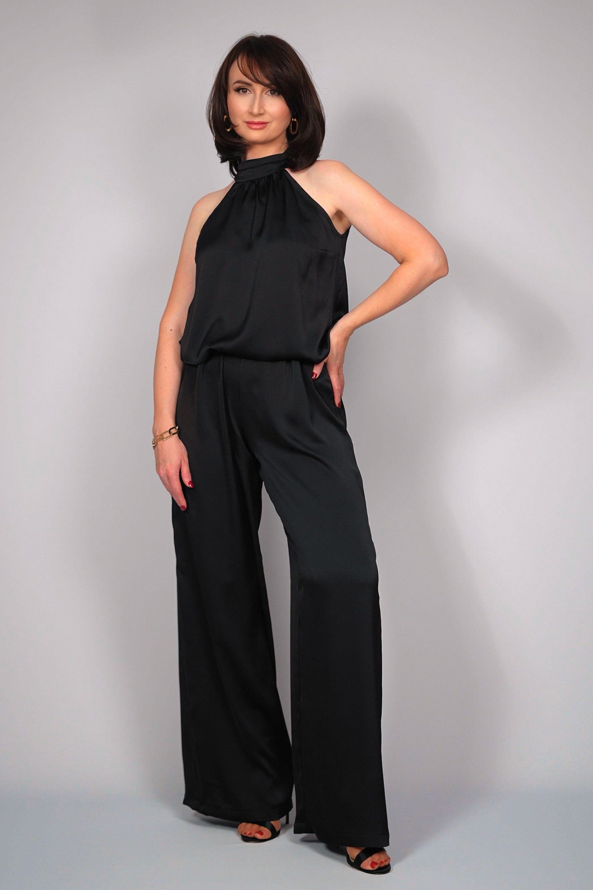 Zwarte satijnen 2-delige jumpsuit-MyEssentials