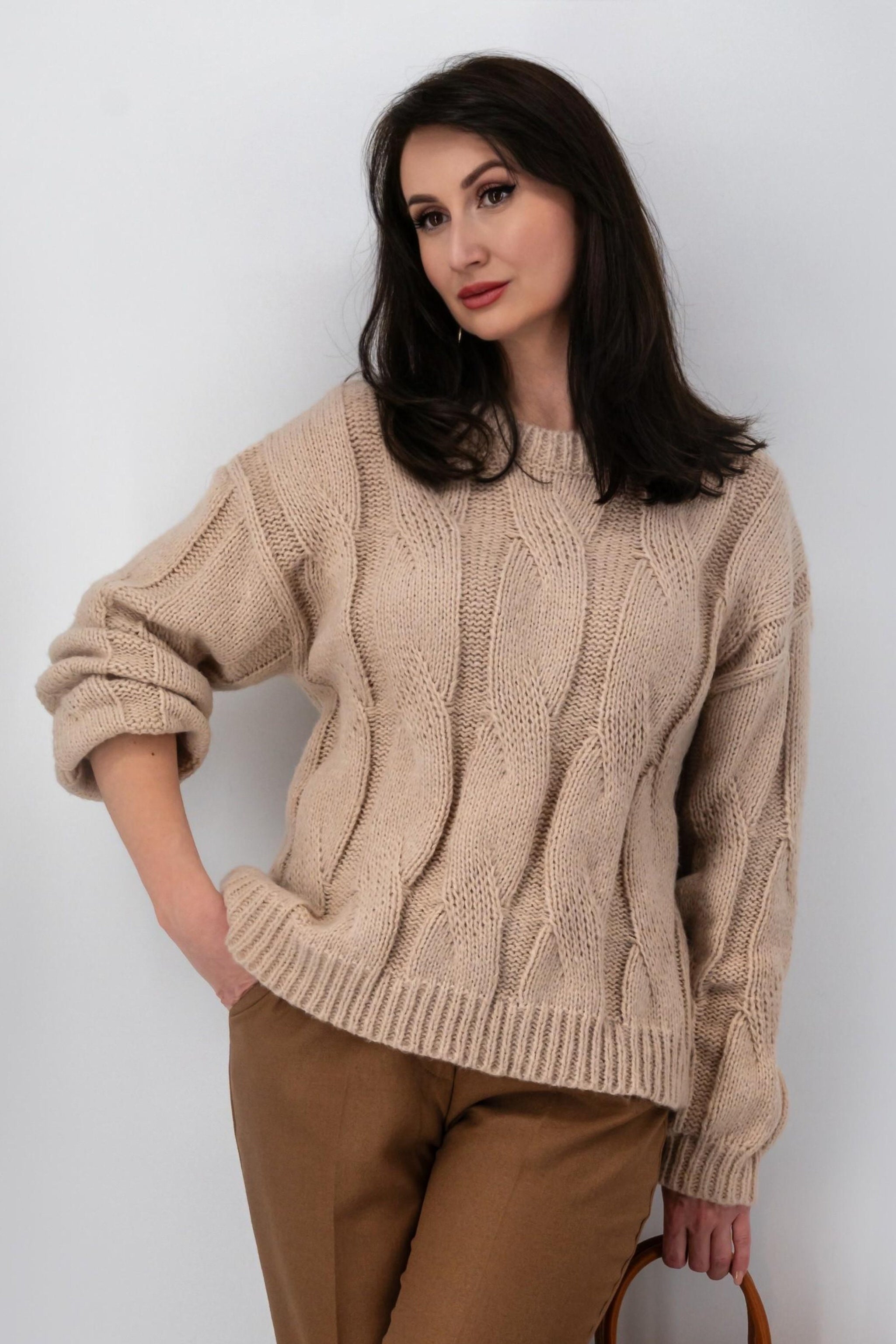 Beige gebreide kabeltrui-MyEssentials
