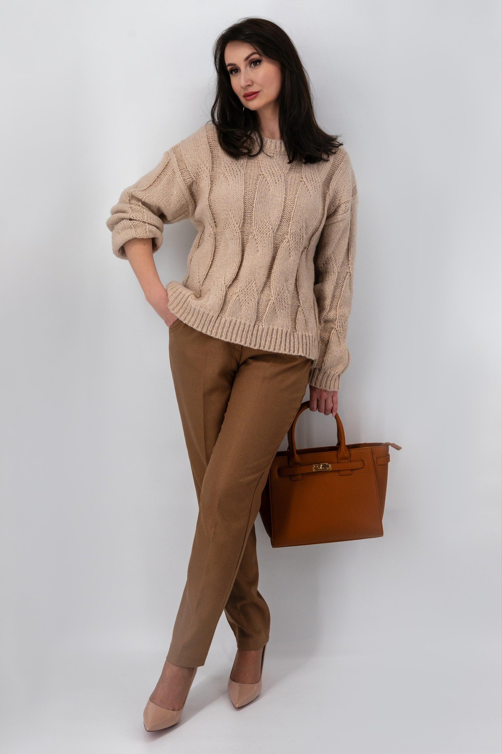 Beige gebreide kabeltrui-MyEssentials