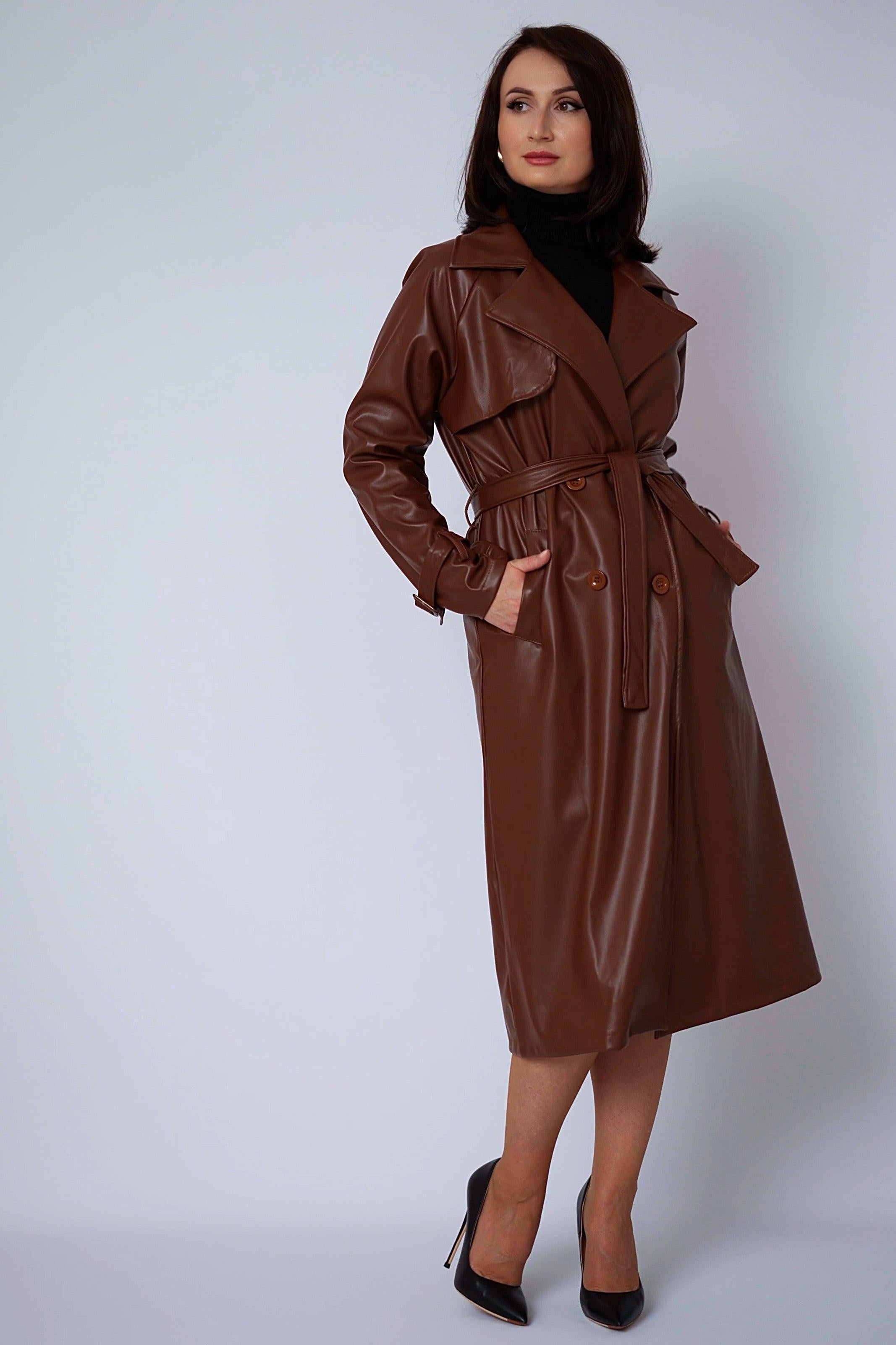 Bruine trenchcoat in imitatieleer-MyEssentials
