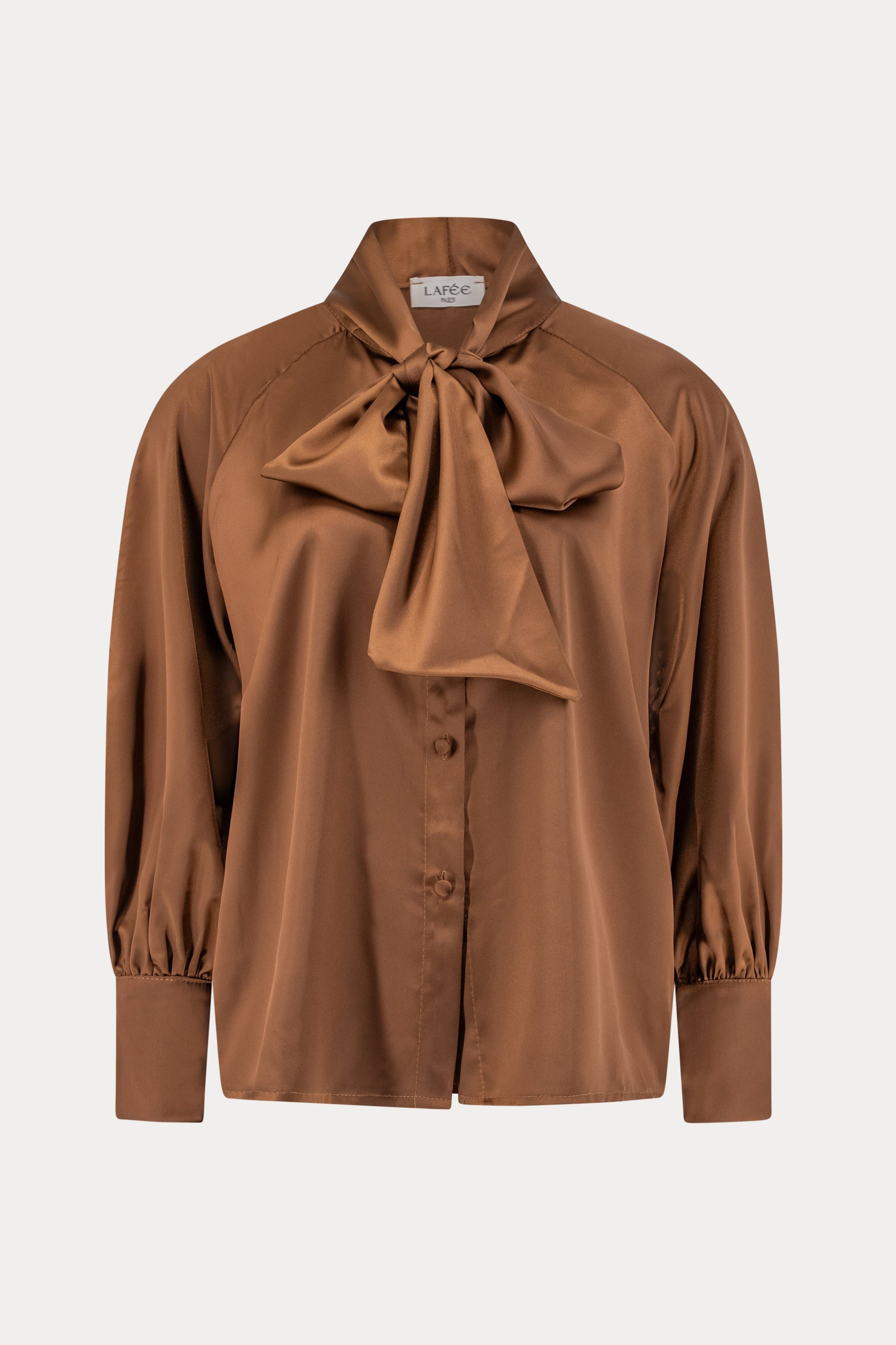 Donkerbruine satijnen blouse met strik-MyEssentials