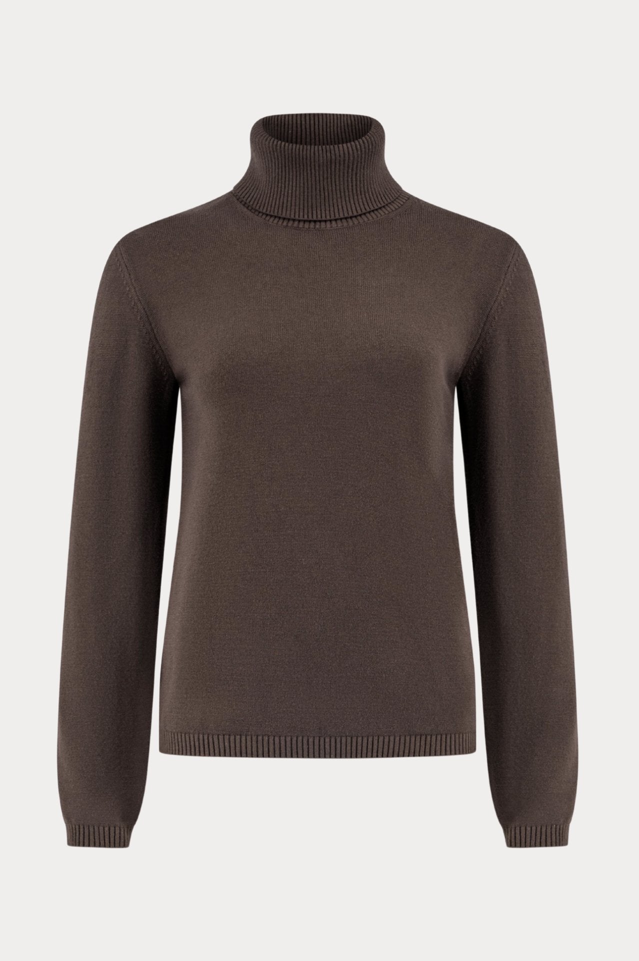 Donkerbruine viscosemix pullover met rolkraag-MyEssentials