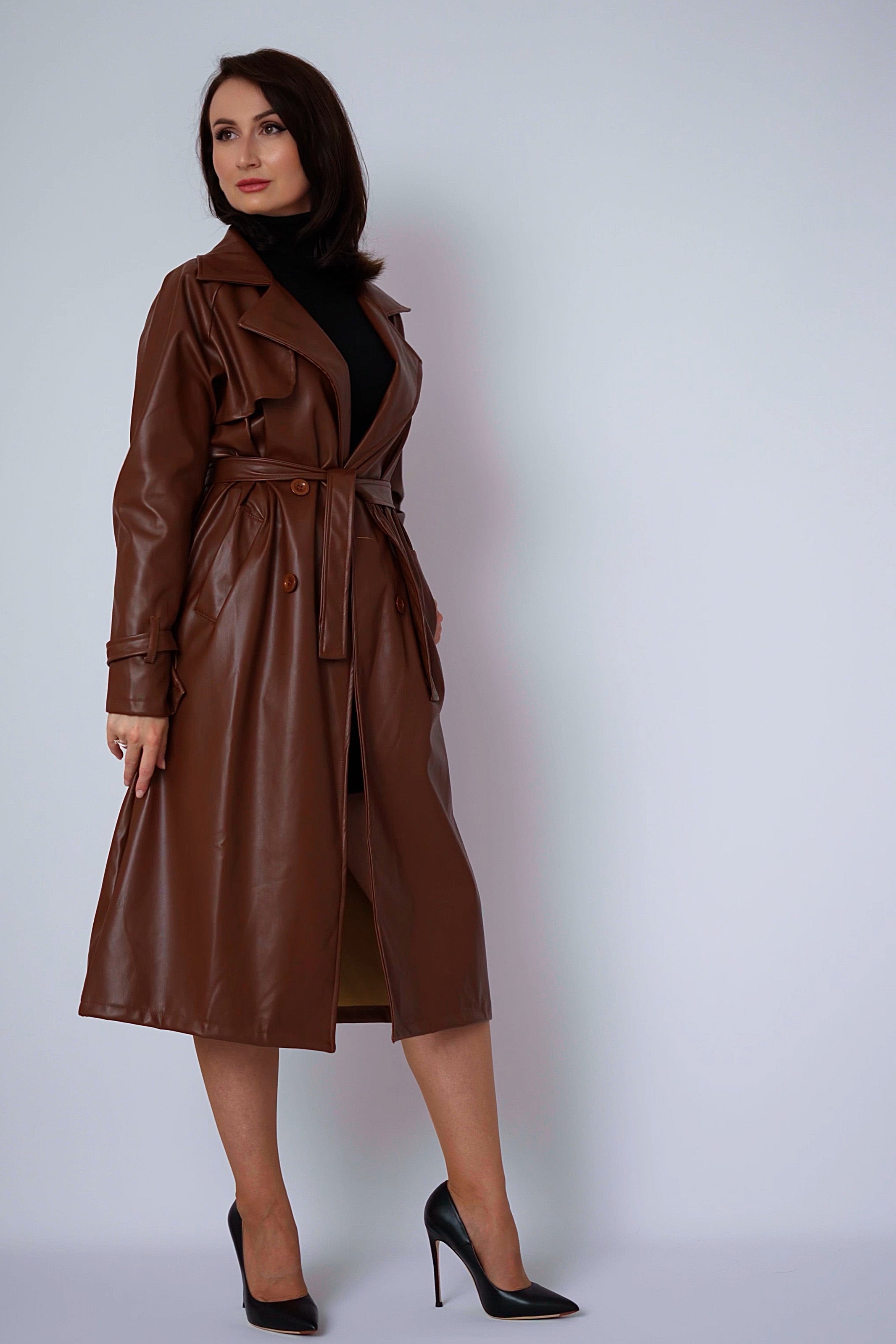 Brown PU leather trenchcoat_1