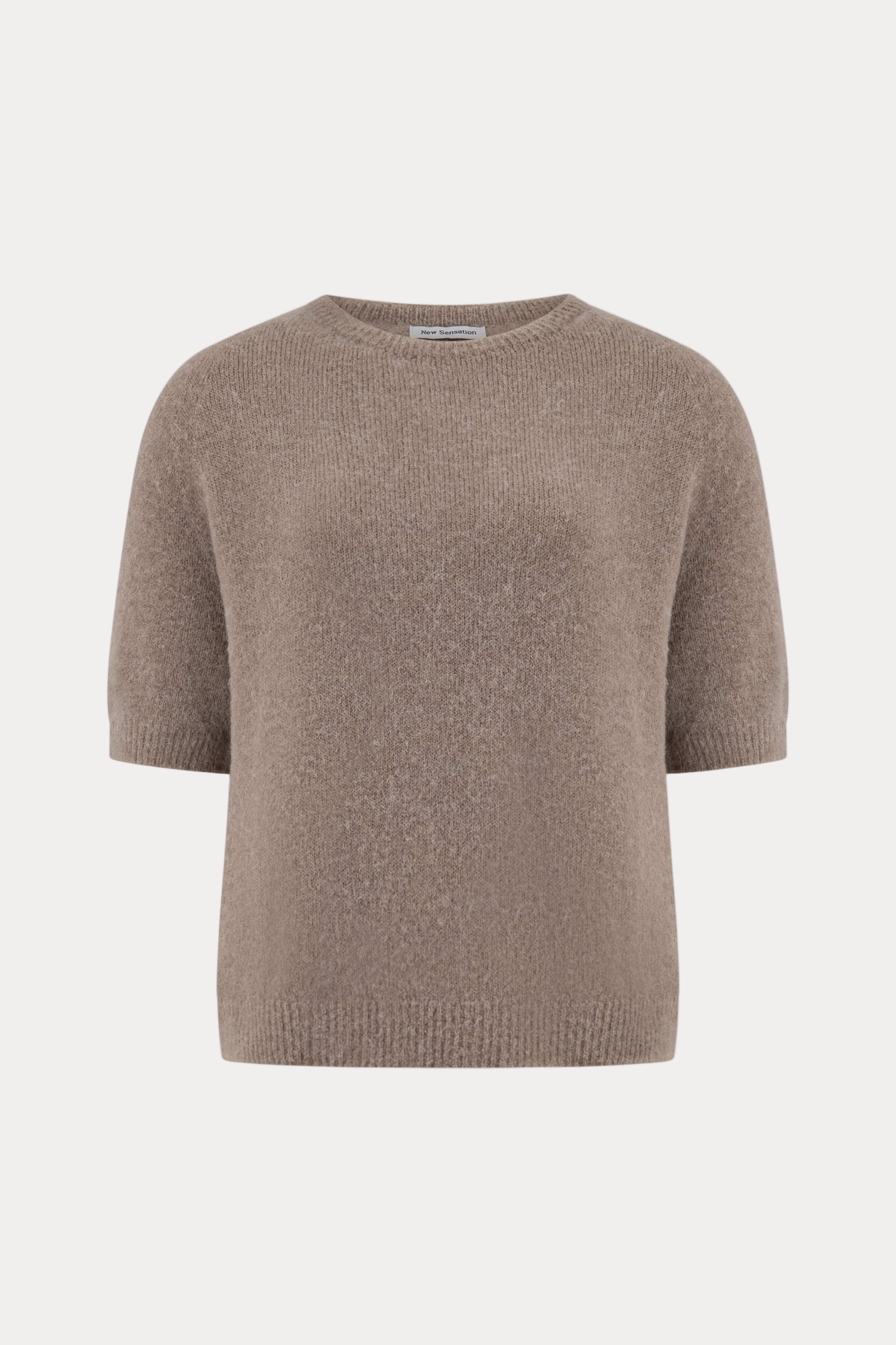 Taupe alpacamix pullover met ronde hals en korte mouwen-MyEssentials